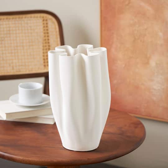 White Ceramic Abstract Ribbed Dimensional Folded Vase with Floral Shaped Rim